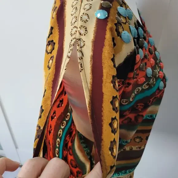 Chico's Size 1 US M Southwest Art to Wear Rock Embellished Gathered Waist Top - Picture 5 of 11